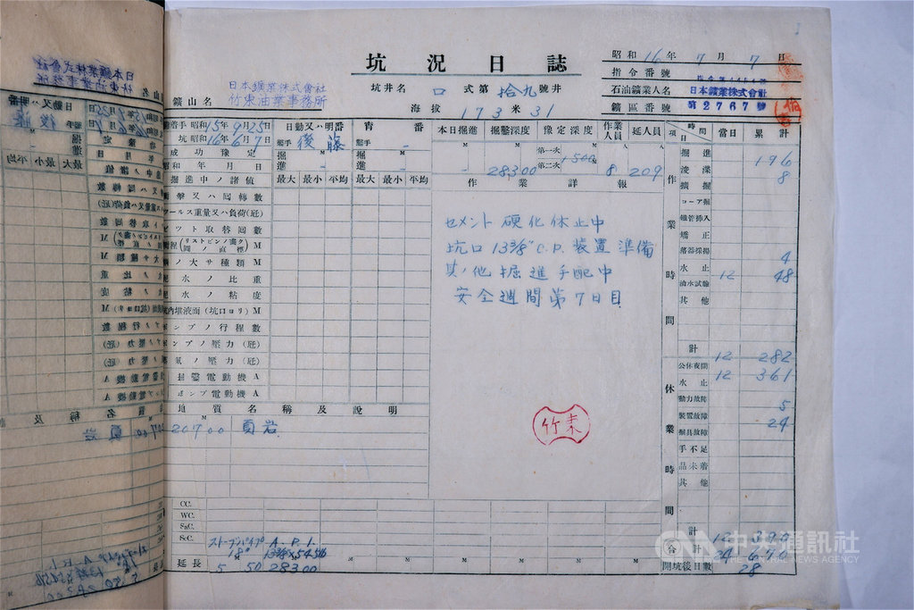 苗栗縣政府辦理「苗栗出磺坑礦業歷史現場活化發展計畫」,清查出磺坑礦場文獻,找出早期採油人的手寫鑽探日誌,清楚記載每天掘鑿進度、深度。(苗栗縣文化觀光局提供)中央社記者管瑞平傳真 109年2月13日
