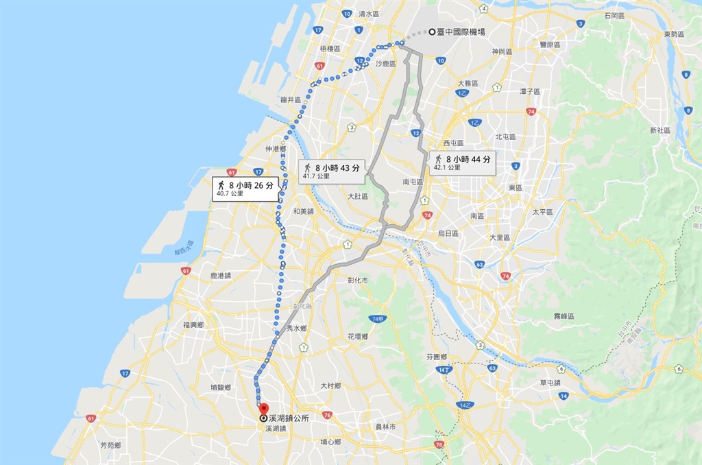 吳姓男子10日前往彰化溪湖鎮公所(紅標處)求助,稱自己以小三通從中國進入金門,再搭機抵台中,因身上沒有錢,想要以步行方式回到雲林老家。(圖取自Google地圖網頁google.com.tw/maps)