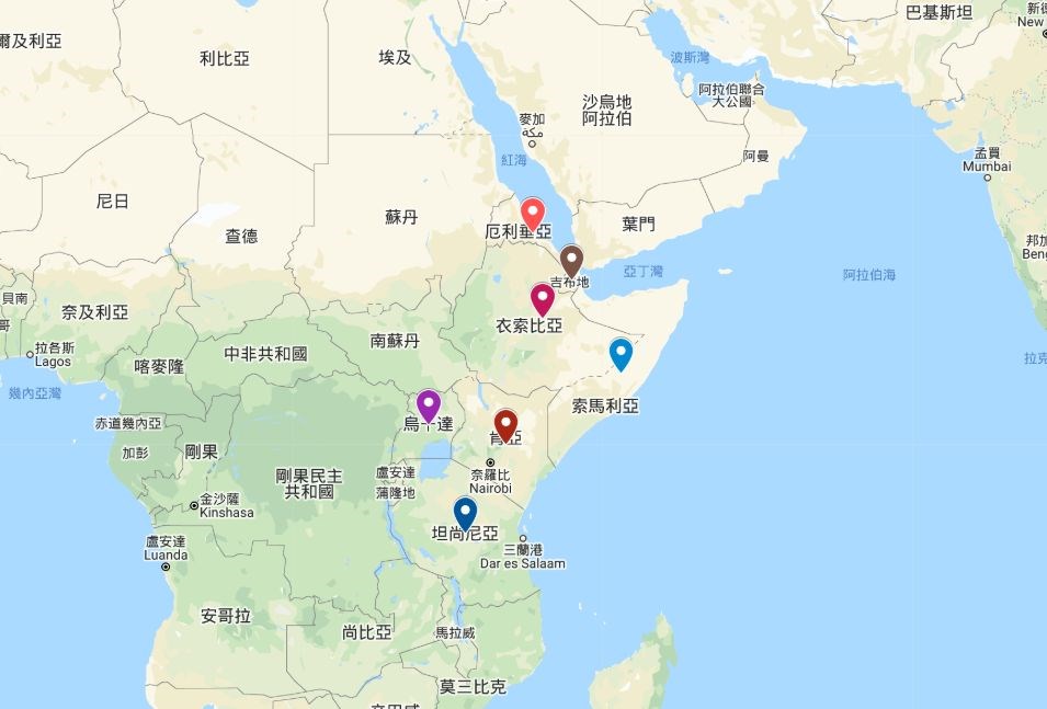 非洲之角現正深陷數十年來最嚴重的沙漠蝗蟲災害,對衣索比亞和索馬利亞而言是25年來最大蝗災,對肯亞而言更是70年來最慘重。周邊鄰近國家也深受蝗災之害。(圖取自Google地圖網頁google.com/maps)