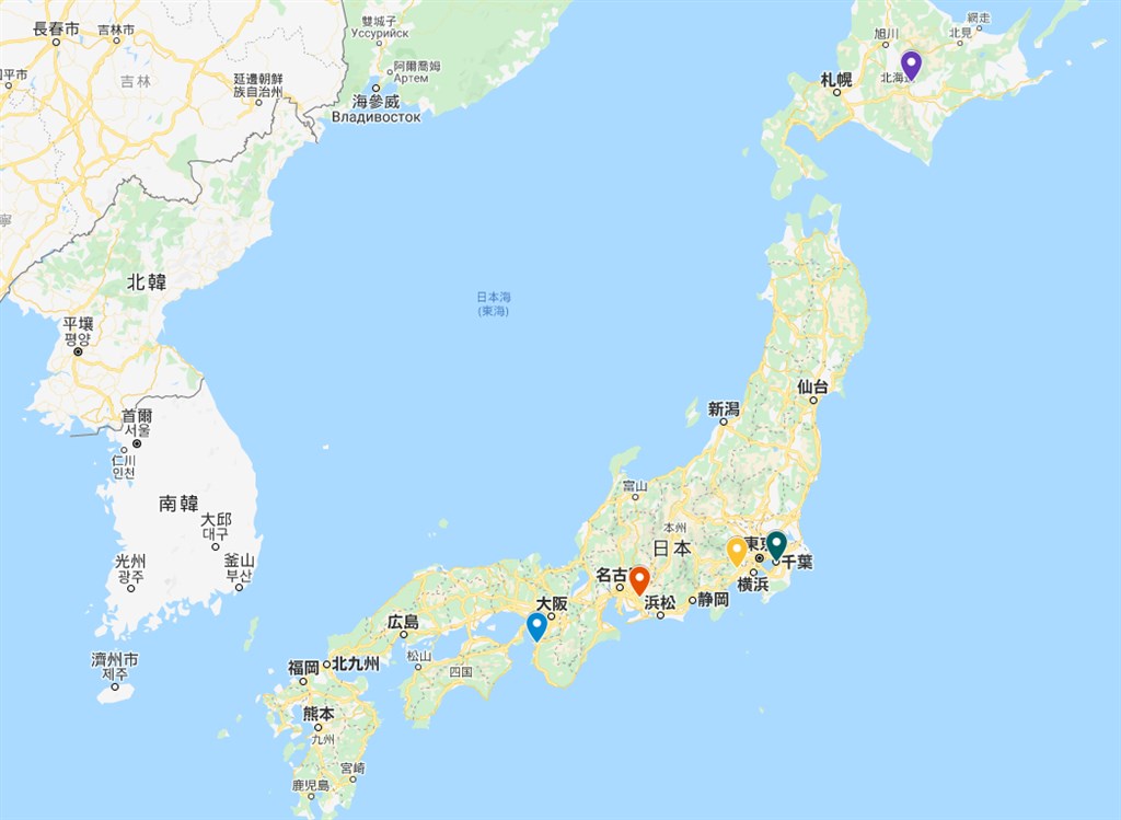 日本厚生勞動省表示，和歌山（藍標處）、愛知（橘標處）、千葉（綠標處）、北海道（紫標處）、神奈川縣（黃標處）至少5個區域已發生無法追查感染途徑的境內感染。（圖取自Google地圖網頁google.com/maps）