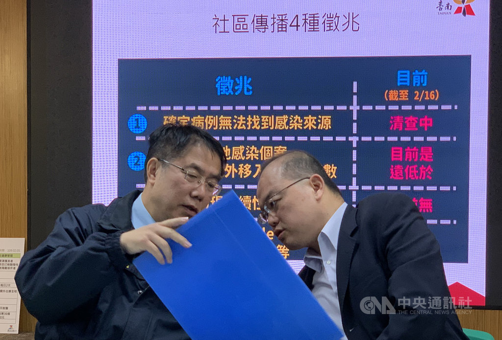 武漢肺炎疫情延燒，台南市佳里區接受居家檢疫的21歲女子花淑珍17日失聯，市府公布姓名後，晚間在新竹關西尋獲，18日凌晨將她送返台南，衛生局將從罰新台幣15萬元。台南市長黃偉哲（左）18日舉行記者會說明。中央社記者張榮祥台南攝  109年2月18日
