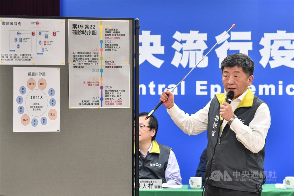 台灣首例武漢肺炎死亡病例為一名白牌車司機。中央流行疫情指揮中心指揮官陳時中(前)17日指出,司機的2名家人確診,疑為過年家庭聚會時遭傳染。中央社記者林俊耀攝 109年2月17日