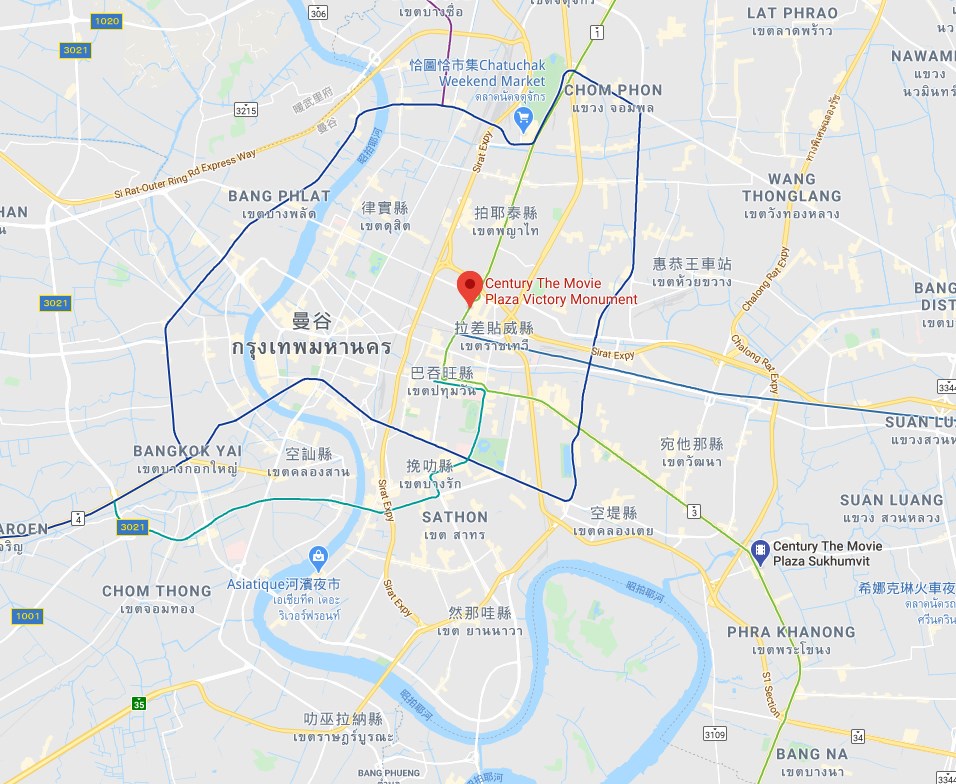 泰國警方表示,一名持槍歹徒今天在首都曼谷一家購物中心世紀廣場(紅標處)開槍,造成1死1傷。(圖取自Google地圖google.com/maps)