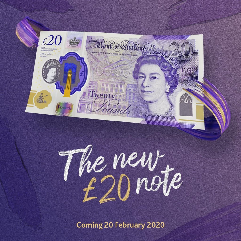 英國中央銀行「英格蘭銀行」推出新版20鎊鈔票,正面是英國女王伊麗莎白二世的肖像,20日在市面上正式流通。(圖取自facebook.com/bankofengland.co.uk)