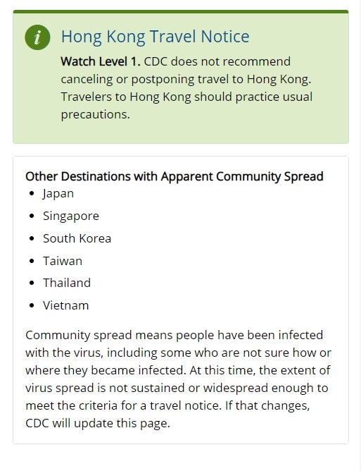美國疾病管制暨預防中心指出,台灣、日本、新加坡、南韓、泰國與越南有社區傳播。(圖取自CDC網頁cdc.gov)