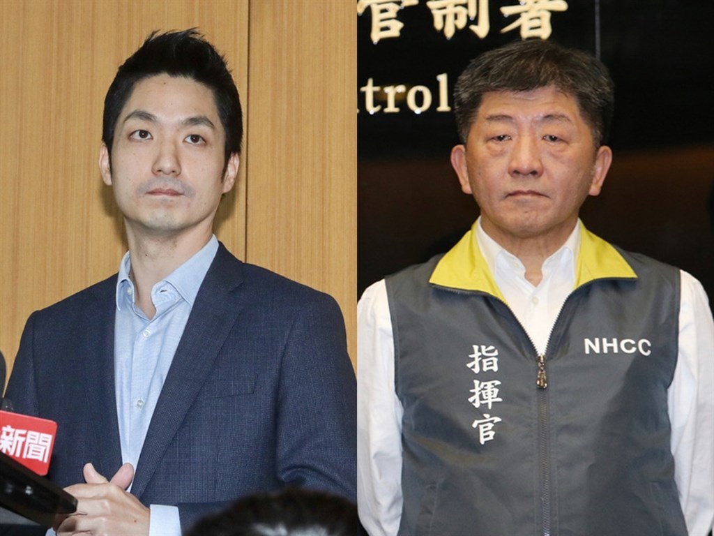 國民黨立委蔣萬安(左)21日在總質詢時關心第24例北部確診案例在哪?衛福部長陳時中(右)表示,不能公布掌握的特定對象,還說「公布以後,真的會安心嗎?」(中央社檔案照片)