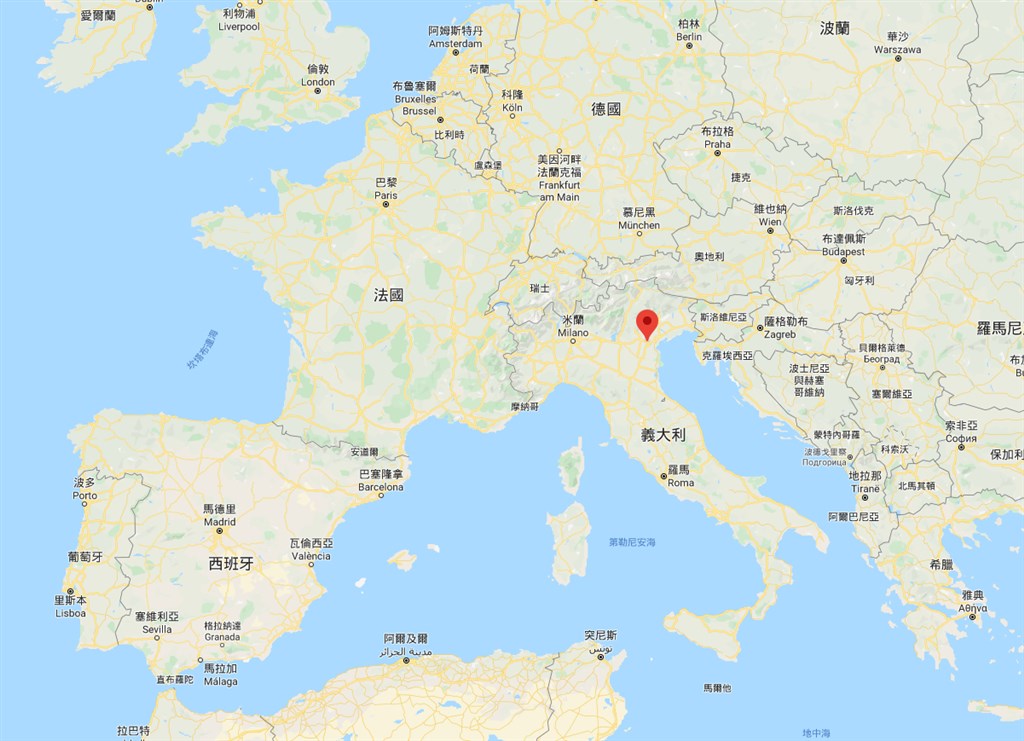 義大利新聞社21日報導,一名在北部城市巴多瓦(紅標處)的患者在感染冠狀病毒後死亡。(圖取自Google地圖網頁google.com/maps)