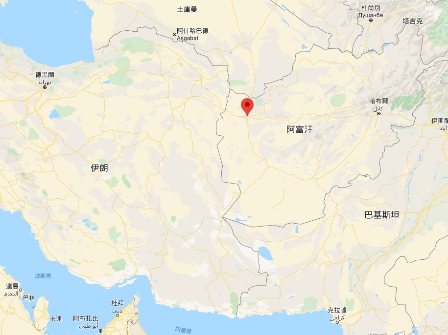 阿富汗24日宣布毗鄰伊朗的赫拉特省(紅標處)進入緊急狀態。(圖取自Google地圖google.com/maps)