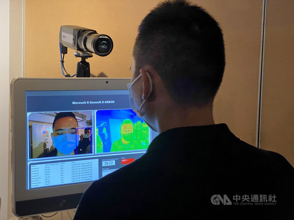 台灣微軟26日攜手生態系夥伴,展示「口罩與紅外線溫度一站式檢測裝置」,可偵測體溫超標或未戴口罩的員工,協助醫院或企業掌握員工健康狀況。中央社記者吳家豪攝 109年2月26日