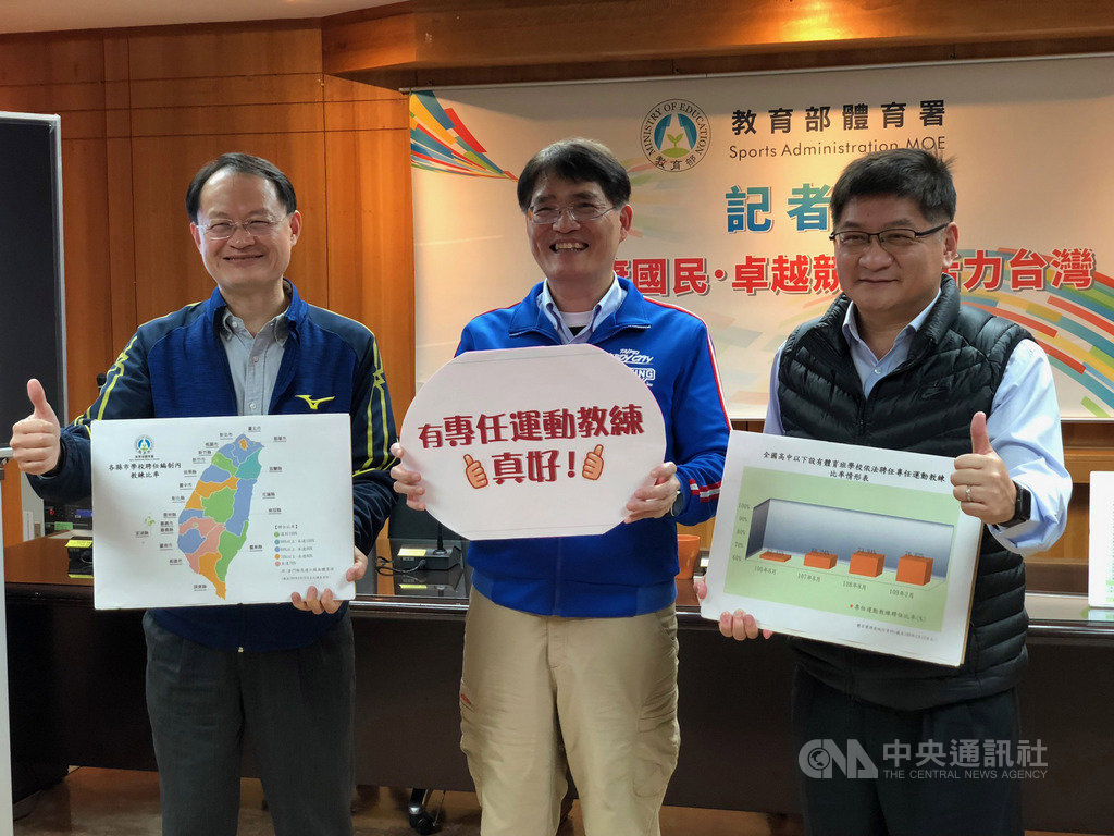 有鑒於運動教練對於運動發展的重要性,政府推動體育班聘任專任運動教練,體育署學校體育組副組長蔡忠益(左)27日指出,希望在今年底前達到9成的聘任率。中央社記者黃巧雯攝 109年2月27日