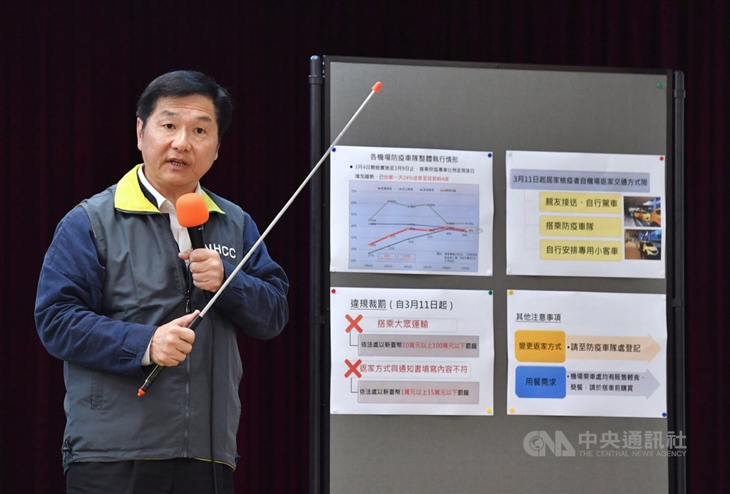 因應武漢肺炎疫情,政府防疫車隊4日上路,禁止需居家檢疫者入境後搭乘大眾交通工具返家,交通部次長祁文中(圖)10日在記者會重申,11日起違反規定者,將罰新台幣10萬元至100萬元。中央社記者王飛華攝 109年3月10日