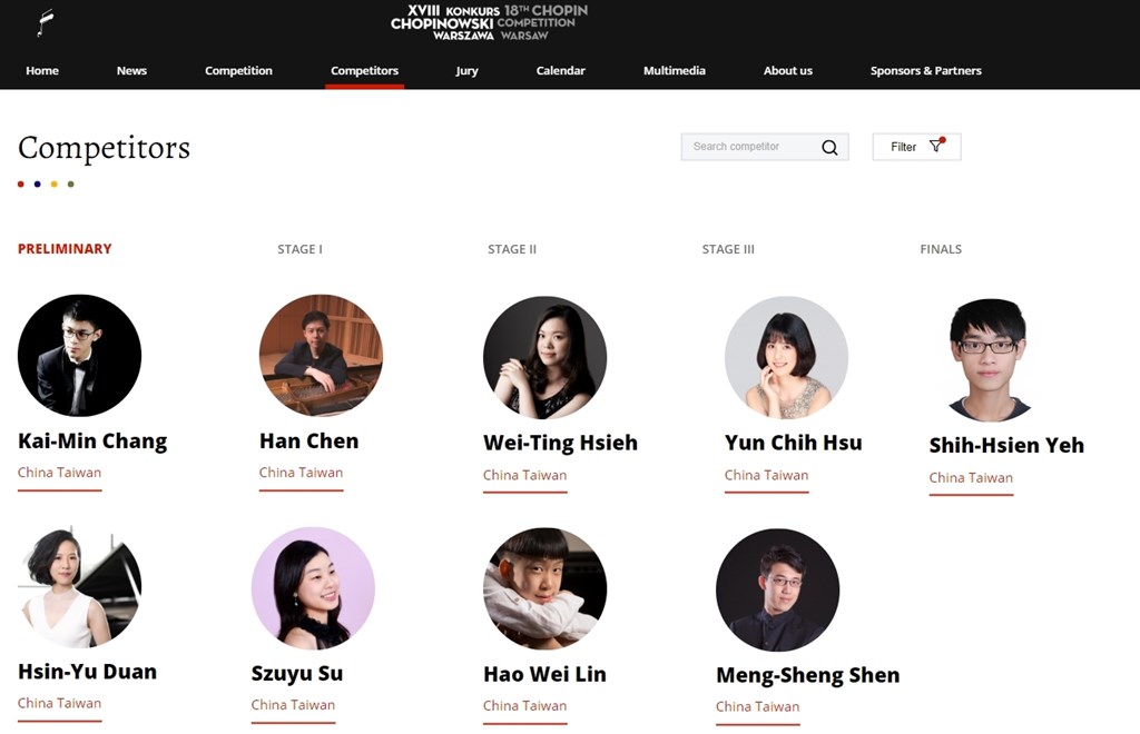 波蘭華沙國際蕭邦鋼琴大賽主辦單位官網矮化台灣參賽者,標示國籍為「中國台灣」(China Taiwan)。(圖取自華沙國際蕭邦鋼琴大賽官方網頁chopin2020.pl/en)