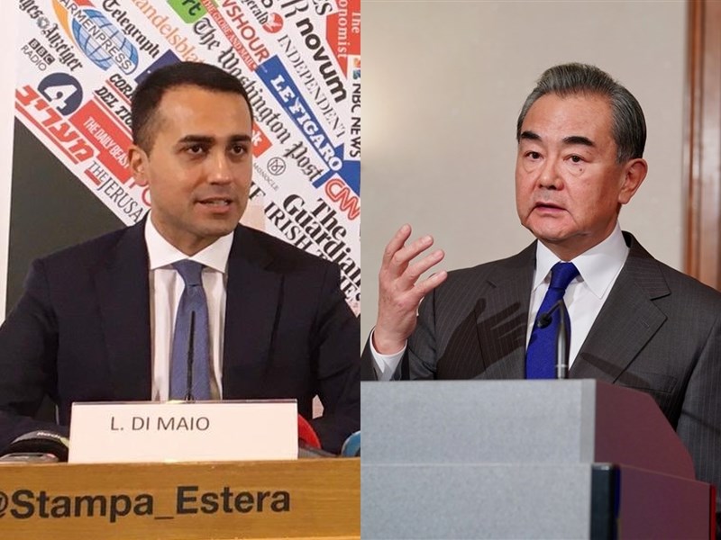 義大利媒體指出,義大利外長迪馬尤(左)用「來自中國的救援」形容物資,是誤導義大利民眾,事實上他日前致電中國外長王毅(右)提出義大利的採購需求,王毅則負責牽線可以供貨的中國廠商。(左圖取自twitter.com/luigidimaio、右圖取自中新社提供)