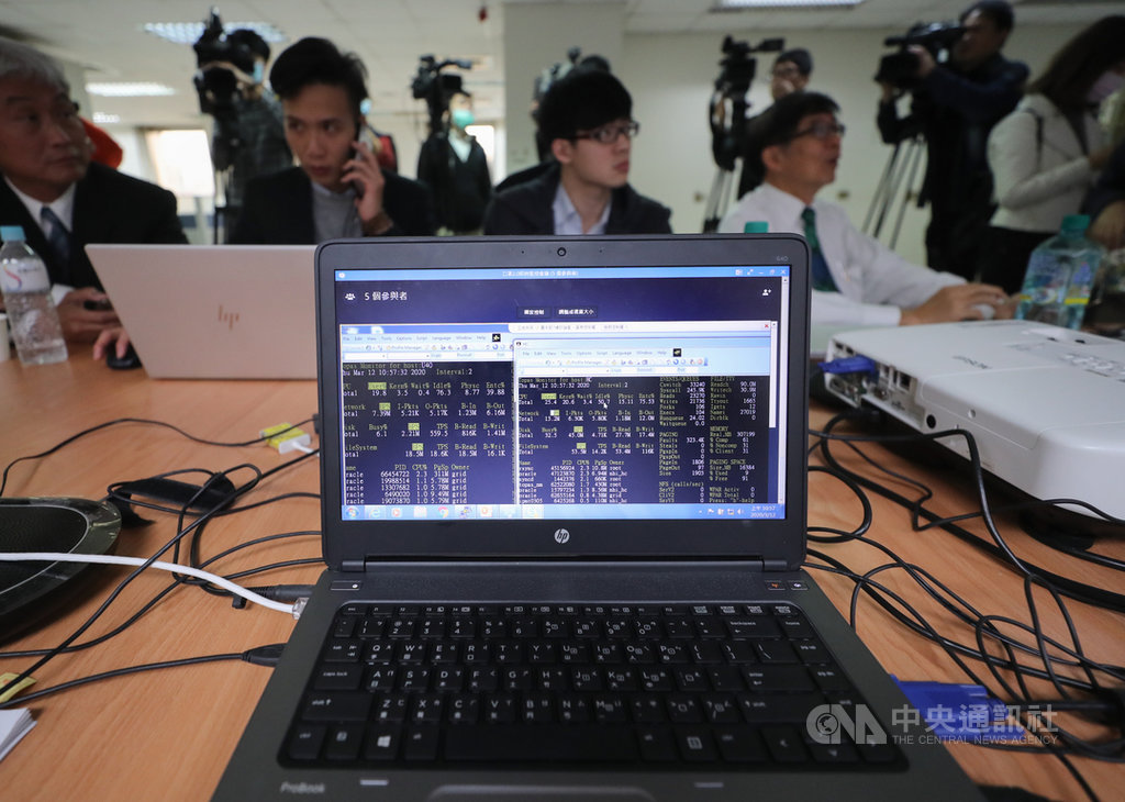健保署12日統計,口罩實名制2.0上午9時一開放,頓時湧入超過8萬人,導致壅塞,瞬間僅7人預購到口罩。上線1個半小時,計有逾2萬人成功透過健保APP或在網站上插健保卡預購到口罩。健保署上午在台北召開即時監控會議,資訊組多名工程師緊盯螢幕流量。中央社記者裴禛攝 109年3月12日