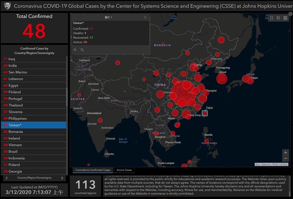美國約翰霍普金斯大學的武漢肺炎疫情地圖11日將台灣名稱從「台北及周邊地區」改回「台灣」。（圖取自JHU全球武漢肺炎疫情地圖網頁arcgis.com）