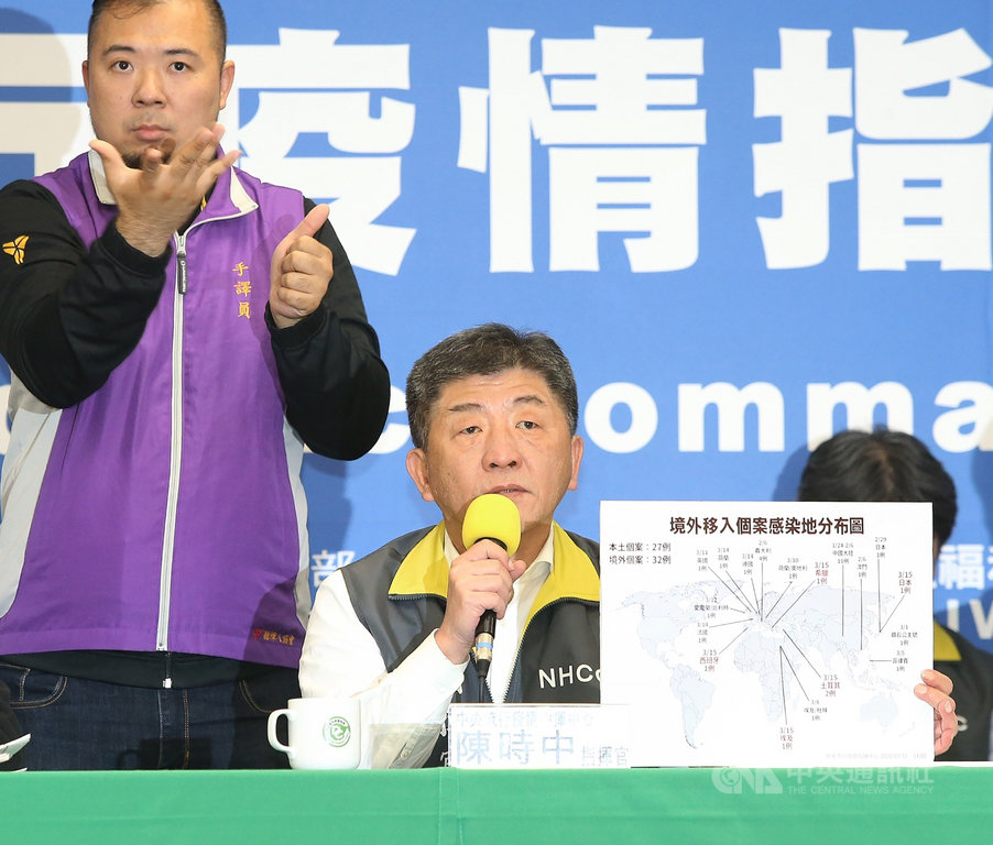 中央流行疫情指揮中心指揮官陳時中(右)15日宣布,新增6例2019冠狀病毒疾病(COVID-19,俗稱武漢肺炎)確診,全為境外移入個案,確診者分別曾到泰國、日本北海道、埃及、土耳其、西班牙、希臘等。中央社記者郭日曉攝 109年3月15日