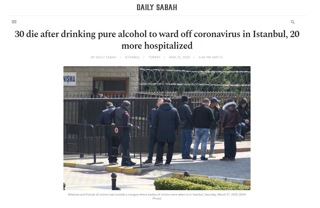 每日晨報報導,大部分為土庫曼人的這些人在身上塗抹酒精並飲用,藉以預防武漢肺炎,目前住院的20人情況危急。(圖取自每日晨報網頁dailysabah.com)
