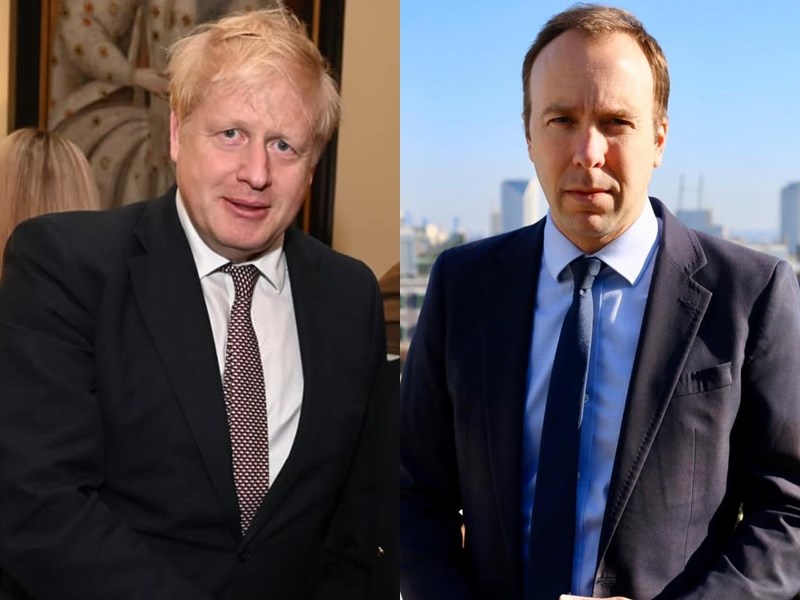 英國首相強生(左)確診武漢肺炎後短短幾小時後,衛生大臣韓考克(右)也在自行宣布確診。(圖取自facebook.com/borisjohnson、facebook.com/matthancockofficial)