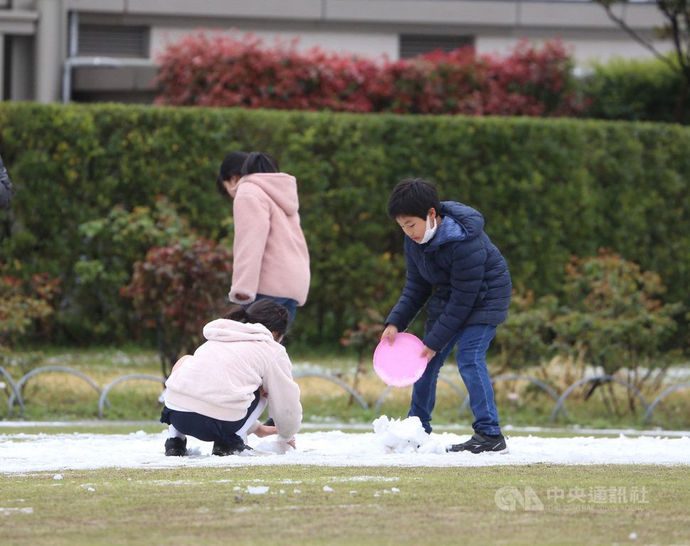 受到低氣壓和寒氣影響,29日凌晨到中午過後,日本關東地區下雪,東京市中心時隔32年在3月底觀測到積雪。圖為芝公園孩童外出玩雪。中央社記者楊明珠東京攝 109年3月29日