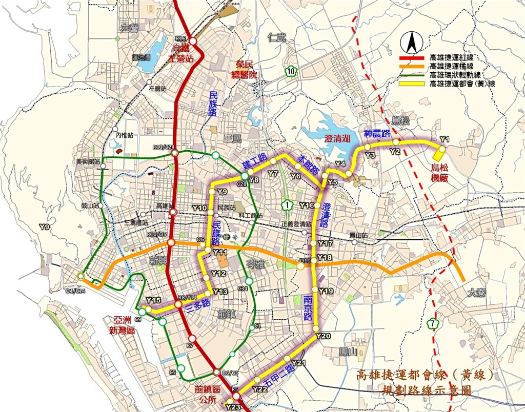 高雄都會區捷運系統黃線路網,經舉辦說明會、公聽會,以及問卷調查後,高市府採行行駛原方案五甲二路作為黃線路網決策參考。(圖取自高雄市政府捷運工程局網頁mtbu.kcg.gov.tw)