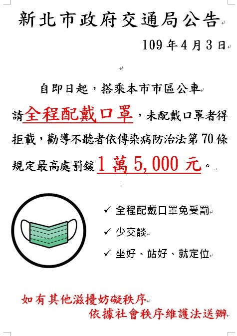 中央流行疫情指揮中心強制要求搭大眾運輸須戴口罩,新北市府已依要求公告生效。(圖取自新北市交通局網頁traffic.ntpc.gov.tw)