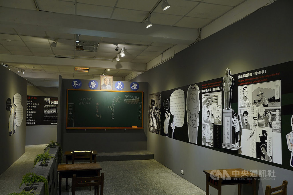 國家人權博物館因應2020年言論自由日,舉辦「銬!我被抓了?!」特展,展場中呈現監獄、教室、部隊、社區等涉案空間的復刻場景,並將言論獲罪案例,轉化為漫畫方式表現。(國家人權博物館提供)中央社記者鄭景雯傳真 109年4月8日