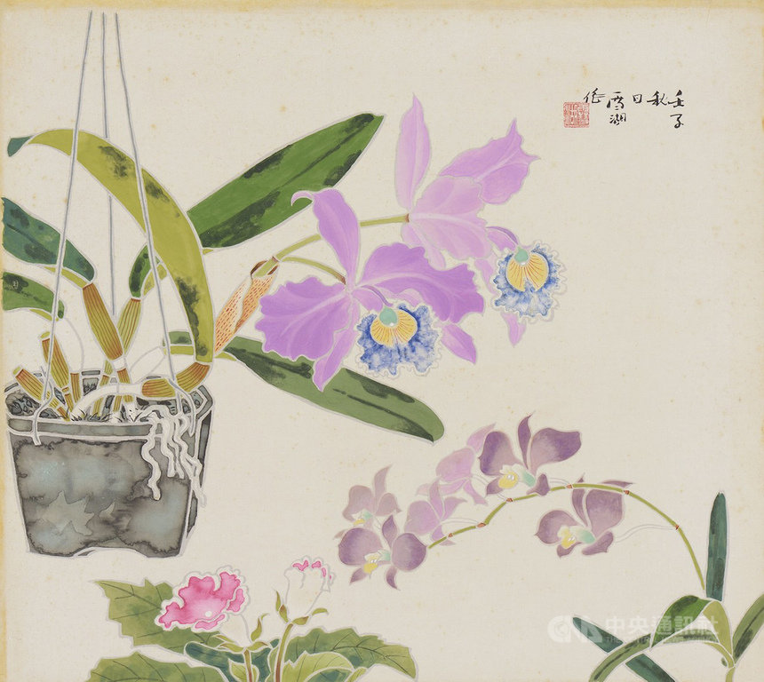長流美術館暨文教藝術基金會策劃「台展三少年—林玉山、陳進、郭雪湖聯展」,精選3名藝術家經典作品,9日起至6月28日在長流美術館台北館展出。圖為郭雪湖「競豔」。(長流美術館提供)中央社記者鄭景雯傳真 109年4月8日