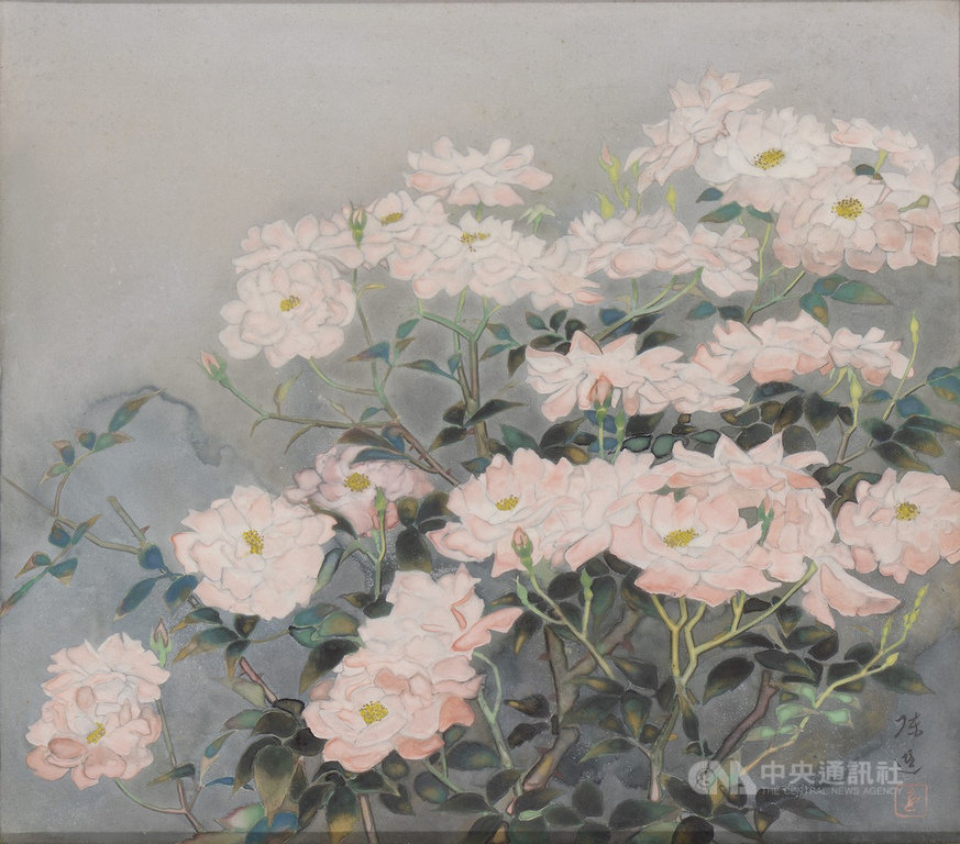 1927年在台灣首次舉辦台灣美術展覽會(簡稱台展),其中台灣青年藝術家林玉山、陳進、郭雪湖入選,日後被譽為「台展三少年」。長流美術館策劃「台展三少年」展出3位藝術家作品。圖為陳進「玫瑰花」。(長流美術館提供)中央社記者鄭景雯傳真 109年4月8日