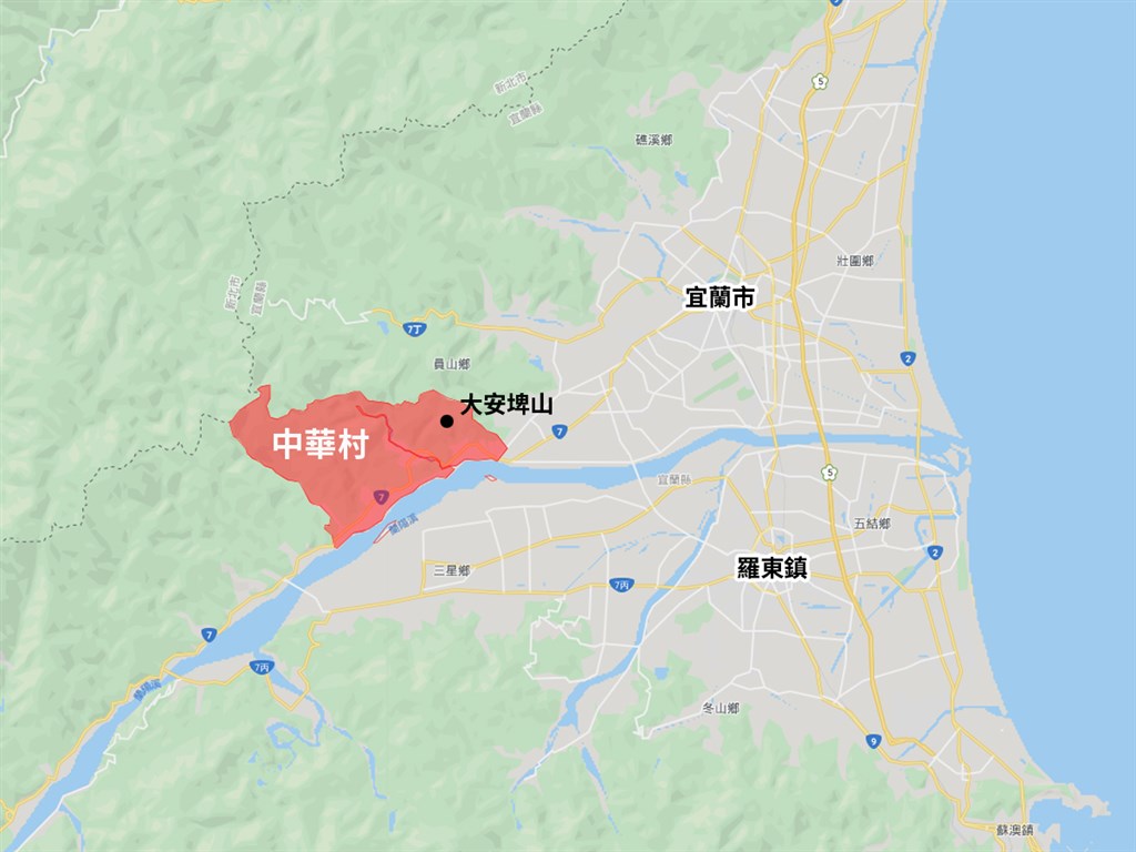 宜蘭縣員山鄉中華村與大安埤山位置。(圖取自Google地圖google.com/maps)