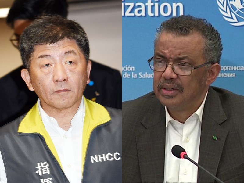 指揮中心指揮官陳時中(左)9日表示,WHO秘書長譚德塞(右)與其有時間罵台灣,不如花時間向台灣學習。(左圖為中央社檔案照片,右圖取自twitter.com/WHO)