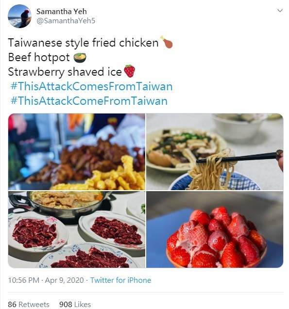世衛秘書長譚德塞日前指控,台灣對他進行超過3個月的人身攻擊。台灣網友紛紛在推特上以美食、美景照幽默回擊,並標示「這記攻擊來自台灣」。(圖取自twitter.com/SamanthaYeh5)
