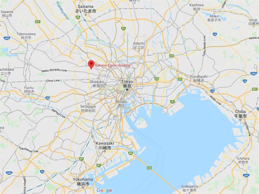 中野江古田醫院(紅標處)至少有92人確診感染武漢肺炎,東京都政府已彙整了感染擴散的經過。(圖取自Google Maps網頁google.com/maps)