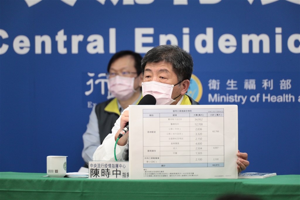 中央流行疫情指揮中心指揮官陳時中13日說,醫用口罩徵用令已發出,將延長徵用到6月底,也會暫緩出口到6月底。圖為陳時中講解徵用口罩進銷存情形。(中央流行疫情指揮中心提供)