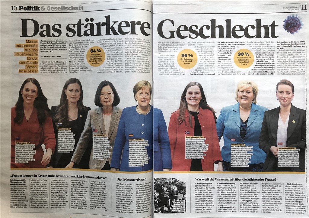 德國大報週日畫報(Bild am Sonntag)19日報導女性領導的國家防疫表現特別好,將蔡總統(左3)與德國總理梅克爾(中)等人並列。中央社記者林育立柏林攝 109年4月19日