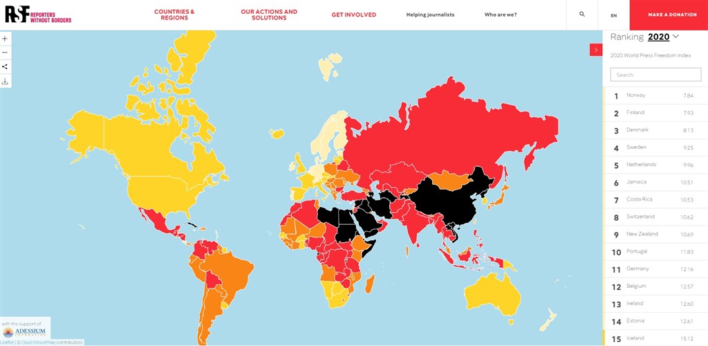 無國界記者組織公布的最新全球新聞自由度排名,中國倒數第4,亞洲排名僅勝於土庫曼和全球墊底的北韓。(圖取自無國界記者組織網頁rsf.org)