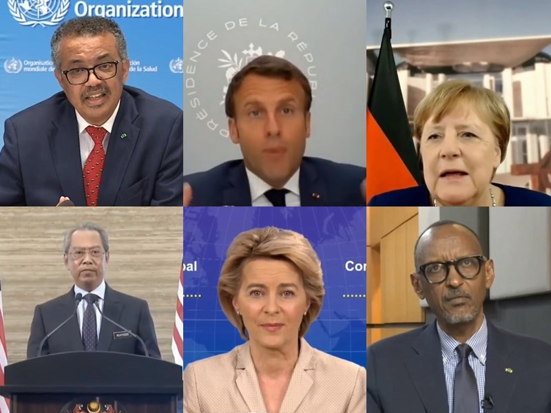 世衛組織秘書長譚德塞(上排左)大動作邀請法國總統馬克宏(上排中)、德國總理梅克爾(上排右)、馬來西亞總理慕尤丁(下排左)、歐盟執行委員會主席范德賴恩(下排中)及盧安達總統卡加米等10餘位領導人及民間代表等發表視訊談話。(圖取自twitter.com/who)