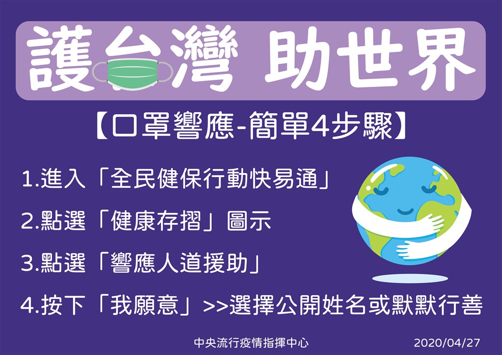 指揮中心指揮官陳時中27日宣布推出「護台灣、助世界」活動，民眾可透過健保行動快易通APP通知是否將自己的口罩配額捐給其他國家。（疫情指揮中心提供）