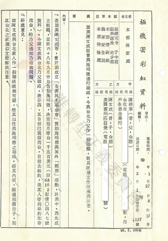 警總「彩虹資料」在檔案局的第六波政治檔案徵集中首度出土。(圖取自facebook.com/twtjc)