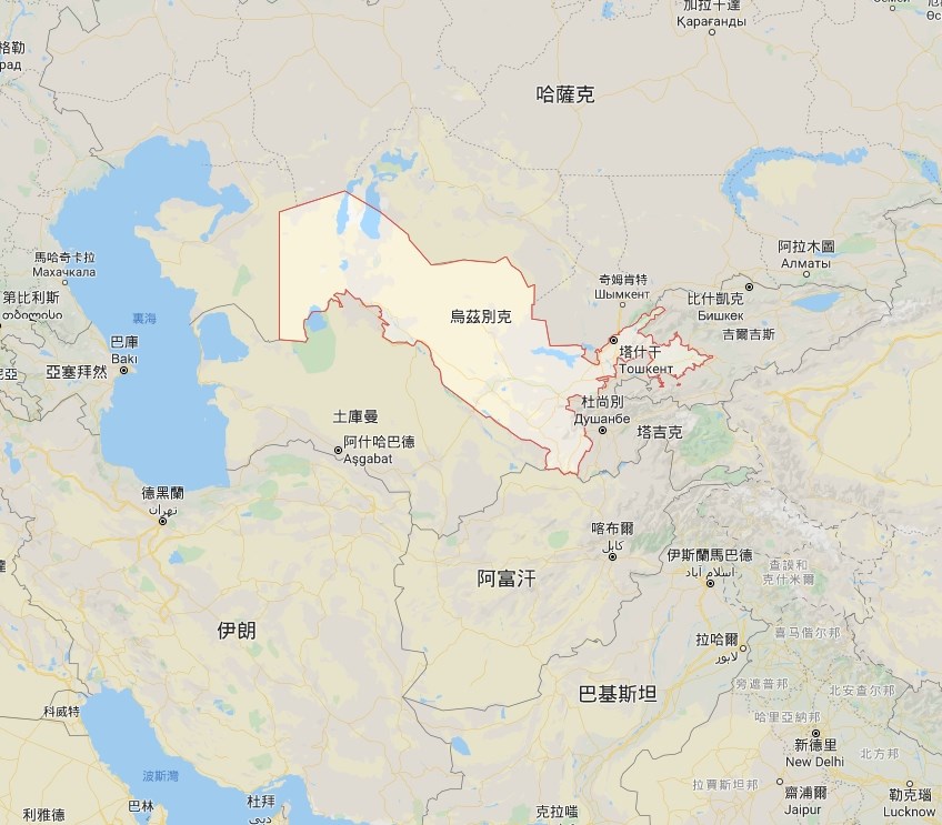 烏茲別克（紅框處）東部的薩爾多巴水庫在1日早晨發生潰壩事故。（圖取自Google地圖網頁google.com.tw/maps）