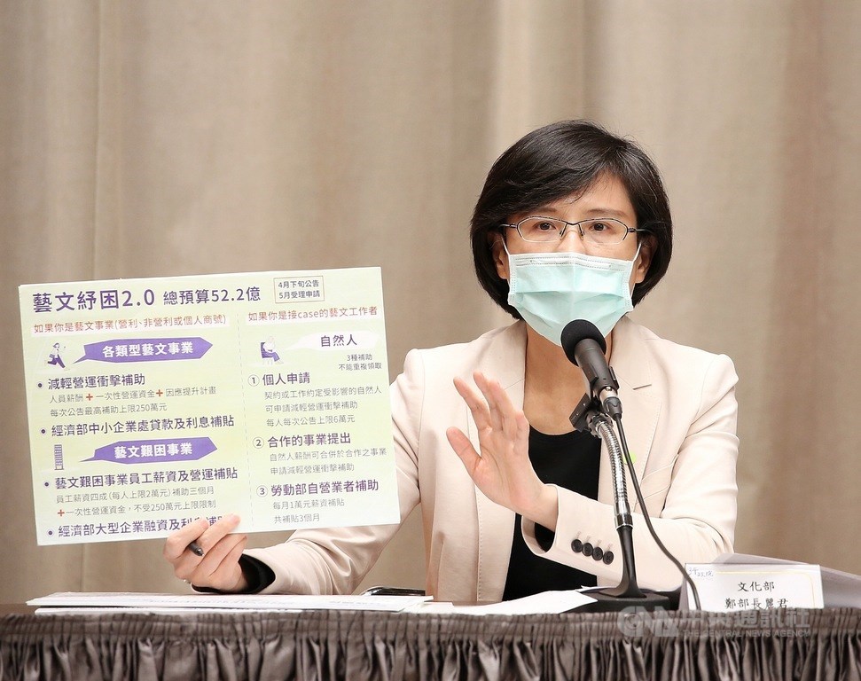 行政院15日下午舉行「紓困振興方案—藝文產業協助」記者會,文化部長鄭麗君表示,「藝文紓困1.0」如在3月送件最快本週就可核定請款;「藝文紓困2.0」預計4月30日開始受理、5月20日截止收件,同時增加線上申請,以加速作業。中央社記者郭日曉攝 109年4月15日
