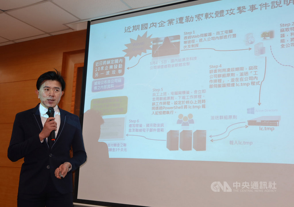 調查局資安工作站副主任劉家榮15日表示,日前國內3家重要能源及科技公司接連遭勒索軟體攻擊,駭客將勒索軟體植入公司內部系統等資訊設備,嚴重影響營運;情資更顯示,駭客預謀在近日針對國內10家企業發動勒索攻擊。中央社記者蕭博文攝 109年5月15日