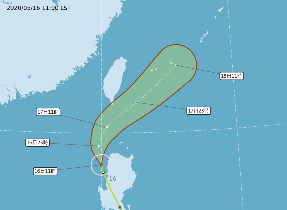 颱風黃蜂16日上午11時的中心位置在鵝鑾鼻南方約470公里的海面上。(圖取自氣象局網頁cwb.gov.tw)
