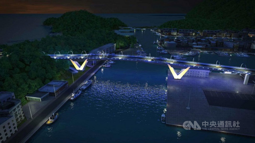 交通部公路總局蘇花公路改善工程處21日舉行設計階段說明會,會中呈現修改後的南方澳大橋景觀造型設計,夜間規劃設置光雕,照明效果如同鯖魚魚身的靛藍色彩投光。(蘇花公路改善工程處提供)中央社記者王朝鈺傳真 109年5月21日