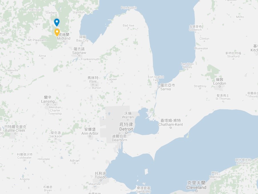 美國密西根州地區連日大雨導致提塔巴瓦西河氾濫,艾登維爾(藍標處)和桑福德(黃標處)兩座水壩潰決。(圖取自Google地圖google.com.tw/map)