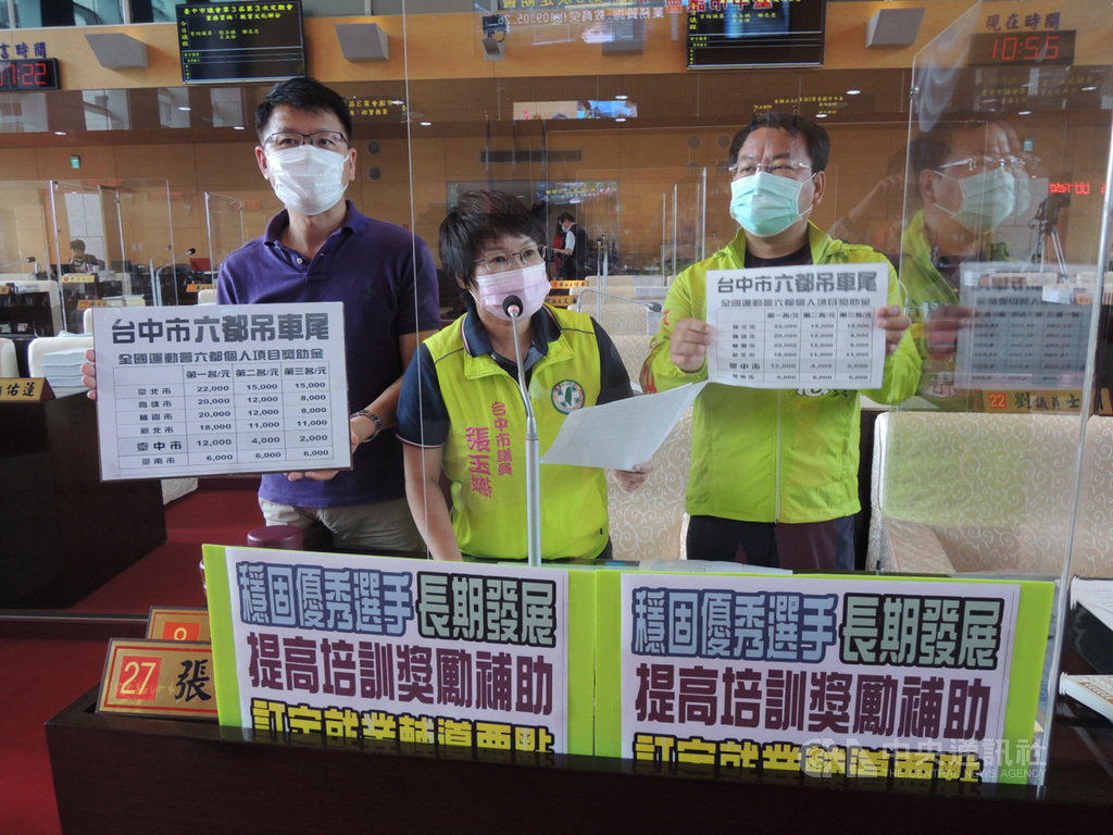 民進黨台中市議員王立任(左起)、張玉嬿、謝志忠等人26日在市議會教育文化業務質詢中質疑,台中市是全國第二大城市,但對績優運動選手的獎助金卻在六都吊車尾,建議運動局訂定績優運動選手就業輔導要點,照顧運動選手。中央社記者郝雪卿攝 109年5月26日