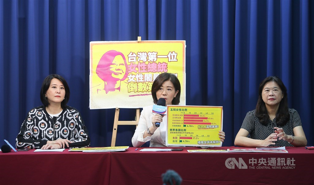 國民黨26日舉行「台灣第一位女性總統、女性閣員比例倒數第一」記者會,國民黨文傳會主委王育敏(中)、副主委王鴻薇(左)、李永萍(右)出席。中央社謝佳璋攝 109年5月26日