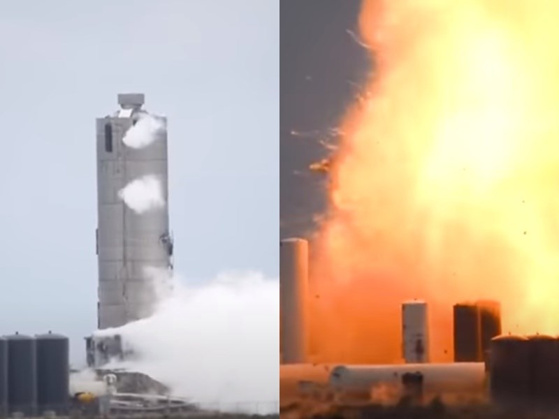 SpaceX即將推出重型運載火箭「星艦」的原型,29日在美國德州南部進行地面測試時爆炸燒成火球。(圖取自NASASpaceflight YouTube頻道網頁)