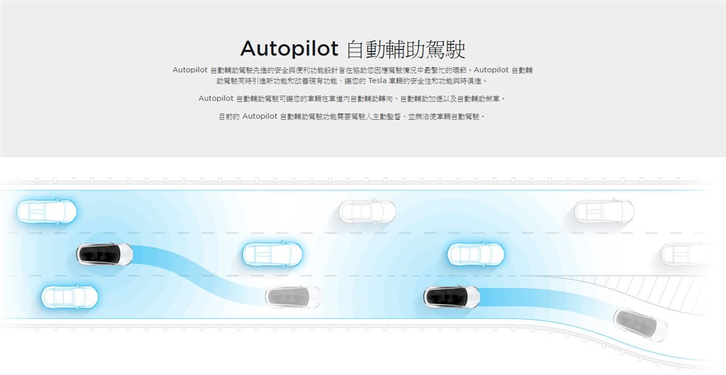 特斯拉台灣官網說明,特斯拉自動輔助駕駛功能只能輔助駕駛煞車,不會自動煞車。(圖取自特斯拉網頁tesla.com)