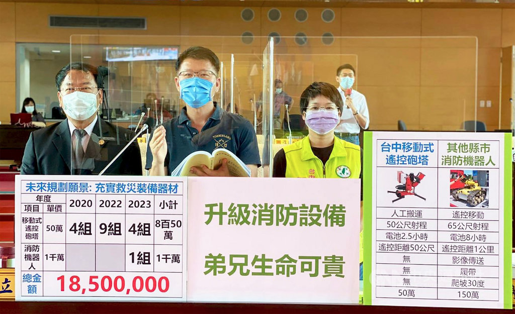 台中市消防局欲採購移動式遙控消防砲塔,民進黨籍市議員謝志忠(左起)、王立任、張玉嬿等聯合質詢,為消防人員爭取採購「消防機器人」設備。中央社記者趙麗妍攝 109年6月3日
