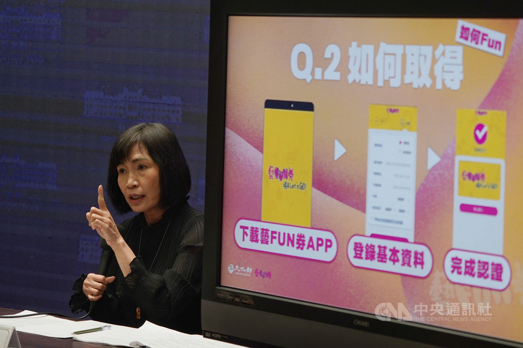 在行政院特別預算支持下,文化部將投入新台幣12億元作為加碼三倍券使用,共計發行200萬份、每份600元的「藝FUN券」,文化部文創發展司司長陳悅宜11日出席行政院會後記者會,說明相關內容與取得辦法。中央社記者徐肇昌攝 109年6月11日